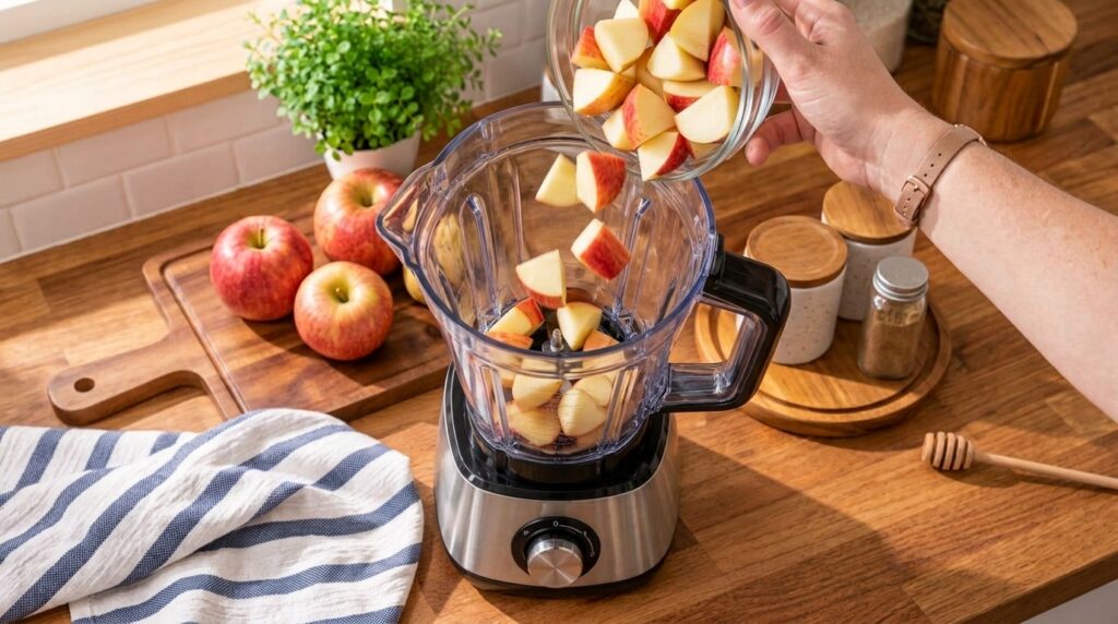 Crisp apple chunks being poured from a glass bowl into a clear blender with some pieces suspended mid-air The blender is