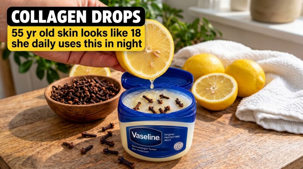 A hand squeezing a lemon half with a drop of juice falling into a tub of Vaseline mixed with cloves More lemons and clov