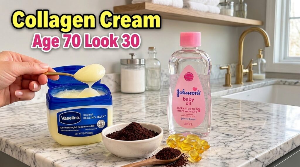 Ingredients for a homemade coffee and Vaseline under-eye cream laid out on a marble surface Includes a tub of Vaseline w
