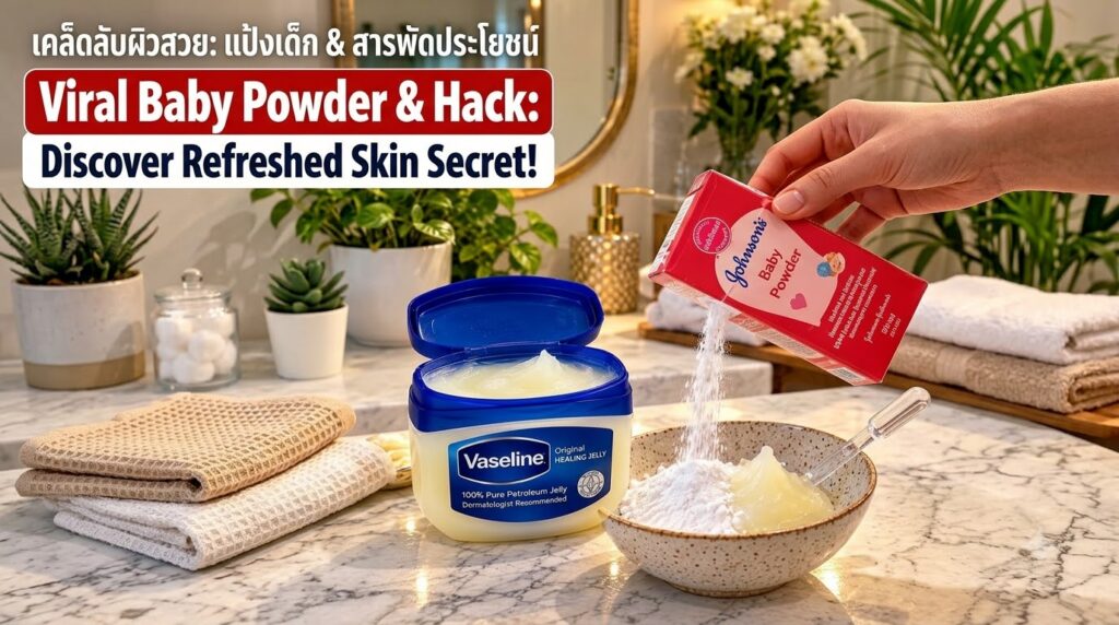 A hand pouring baby powder into a bowl containing Vaseline Petroleum Jelly with an open tub of Vaseline nearby on a bath