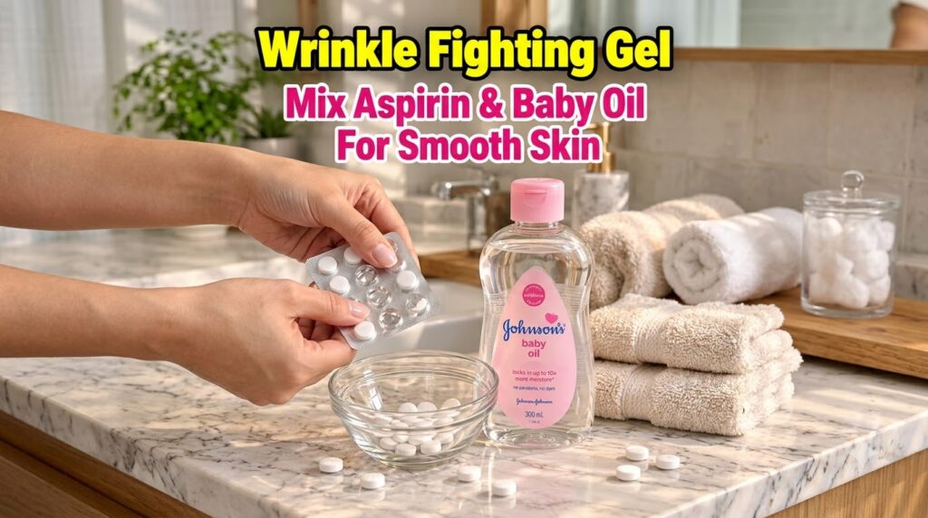 A person s hands holding a blister pack of white aspirin pills over a glass bowl of pills next to a bottle of baby oil a
