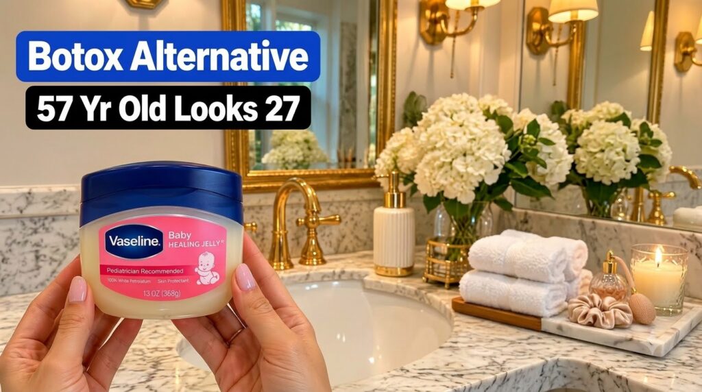 Close-up of hands holding a tub of Vaseline Baby Healing Jelly on a luxurious bathroom vanity with golden fixtures a lit
