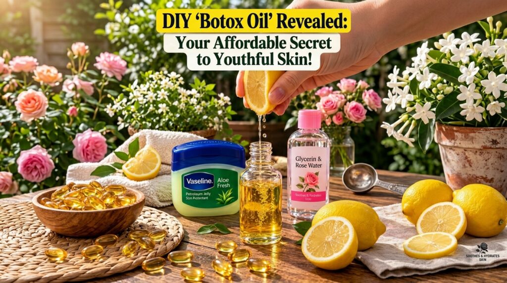 A hand squeezing a lemon with juice dripping into a clear glass bottle containing oil Surrounding items include a jar of