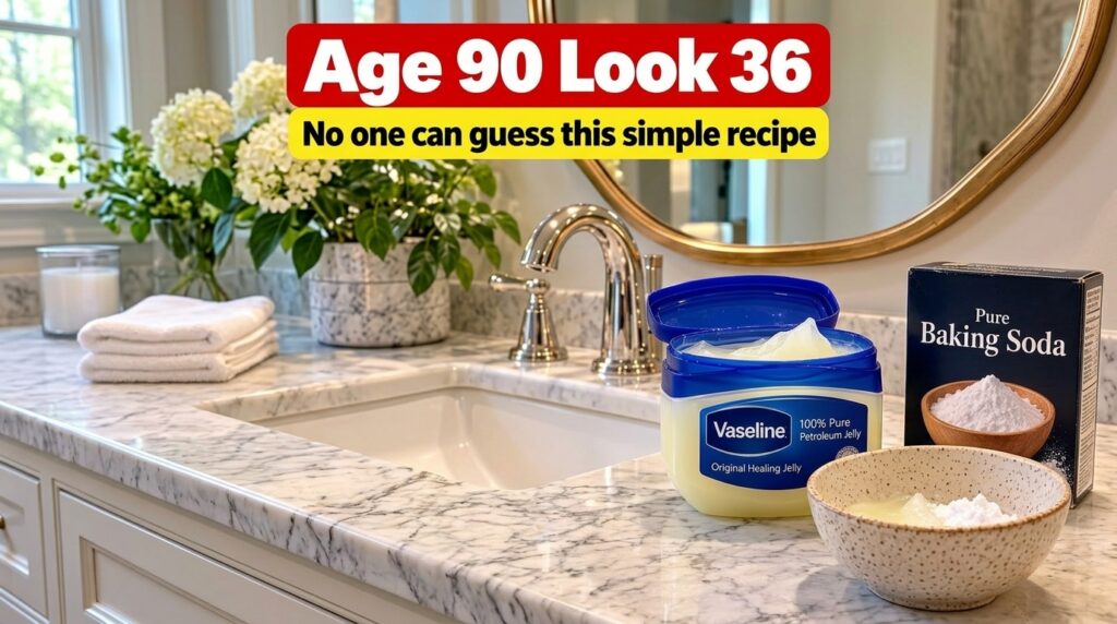 A bathroom counter with an open jar of Vaseline a box of baking soda and a small bowl containing a mixture of the two su