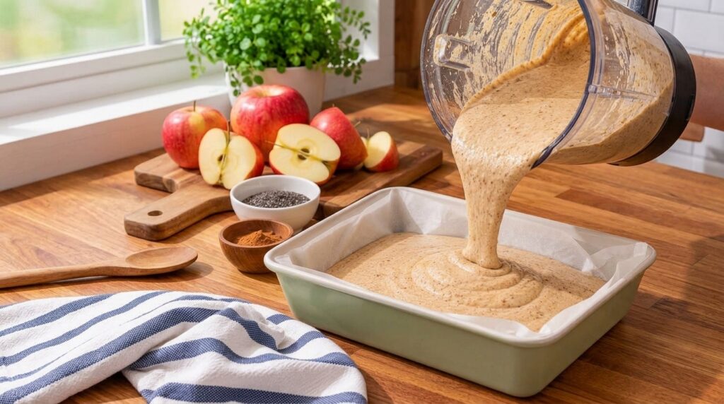 A blender pouring thick apple cinnamon batter into a parchment-lined baking pan with fresh and sliced red apples chia se