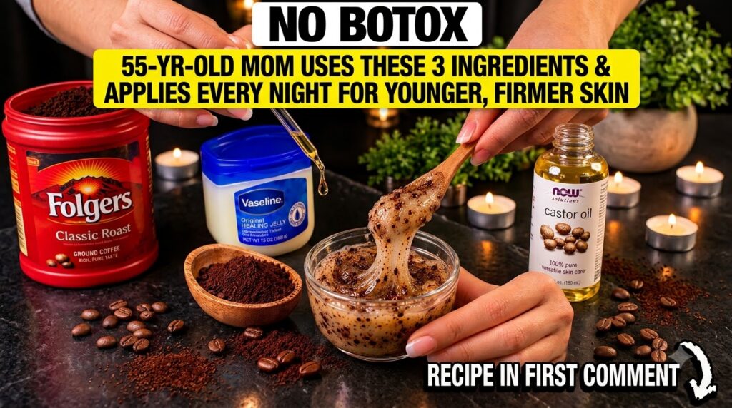 Hands preparing a homemade skincare scrub in a glass bowl with a wooden spoon surrounded by Vaseline castor oil and grou