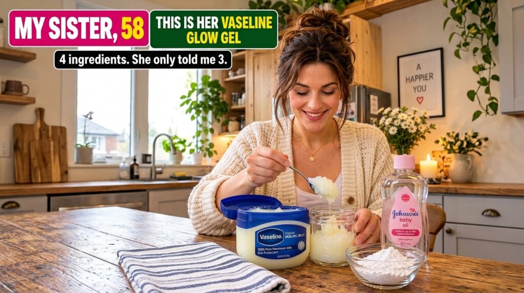 A smiling woman in a cozy sweater mixing ingredients at a wooden table to create a Vaseline Glow Gel A tub of Vaseline a