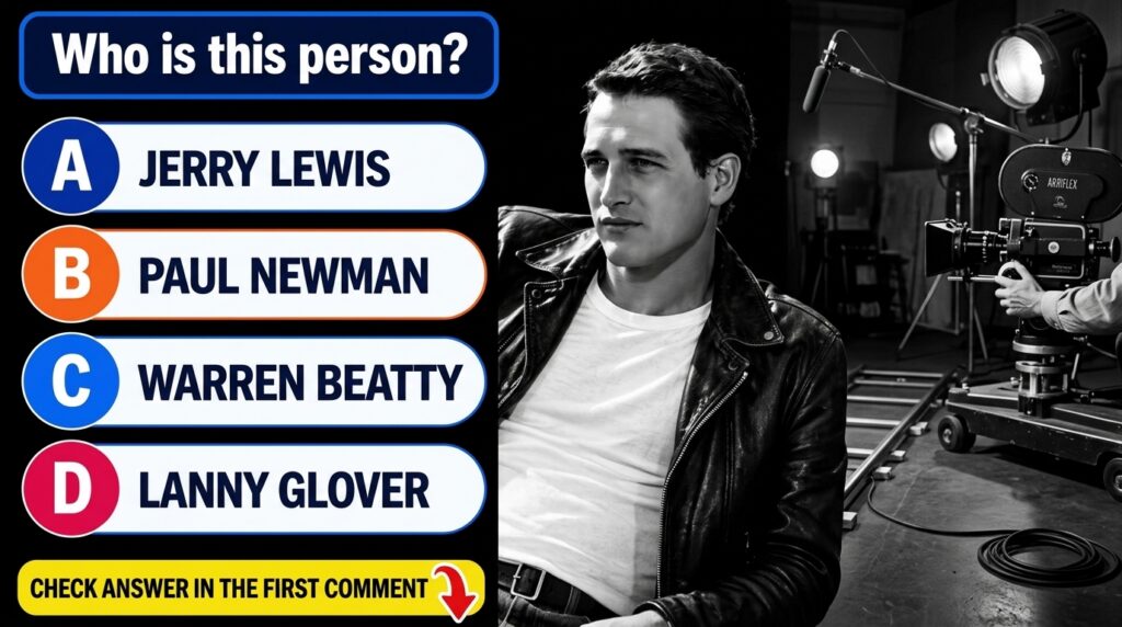 Black and white portrait of a young Paul Newman wearing a leather jacket looking off to the left as if part of a quiz