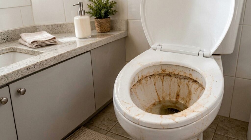 A clean sparkling toilet bowl after cleaning with a toilet brush nearby