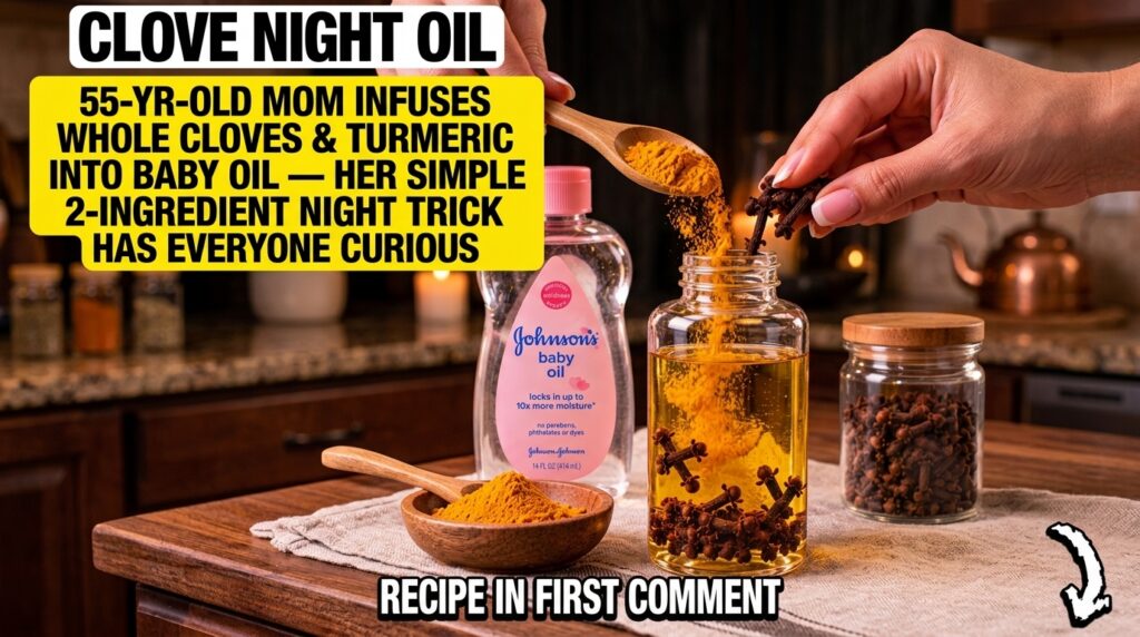 Hands pouring turmeric powder from a wooden spoon into a glass bottle containing baby oil and whole cloves Other ingredi