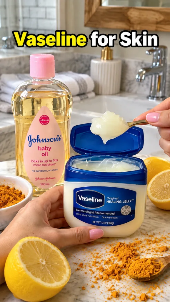 A close-up of a hand holding an open jar of Vaseline with a spoonful of jelly Nearby a bottle of baby oil lemon halves a