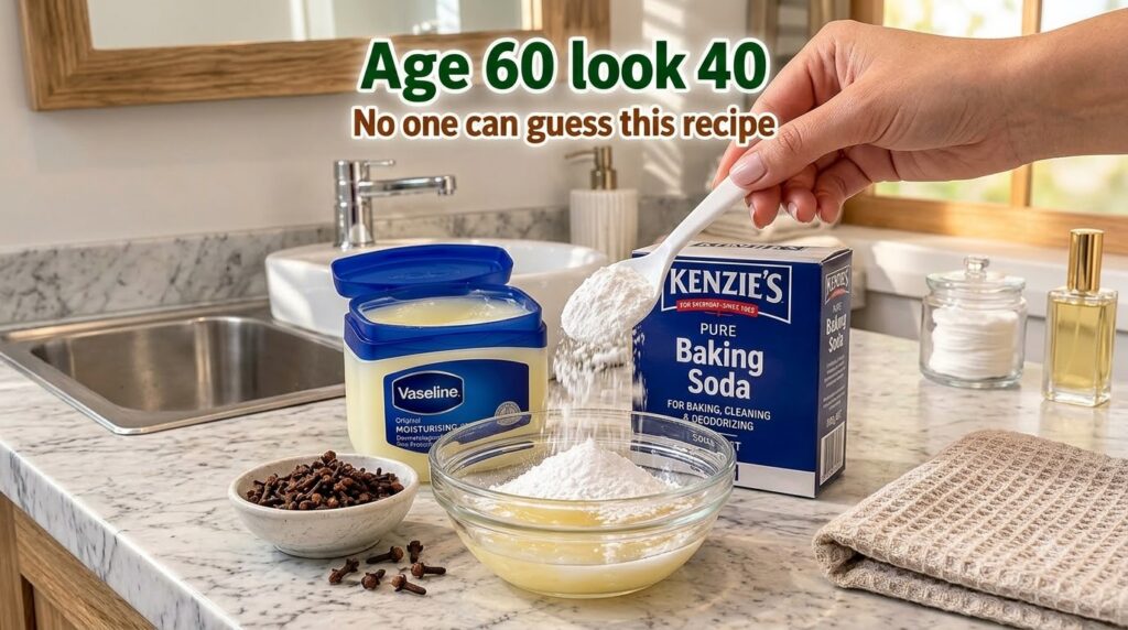A hand pouring white baking soda from a spoon into a glass bowl containing Vaseline with a jar of Vaseline a box of baki