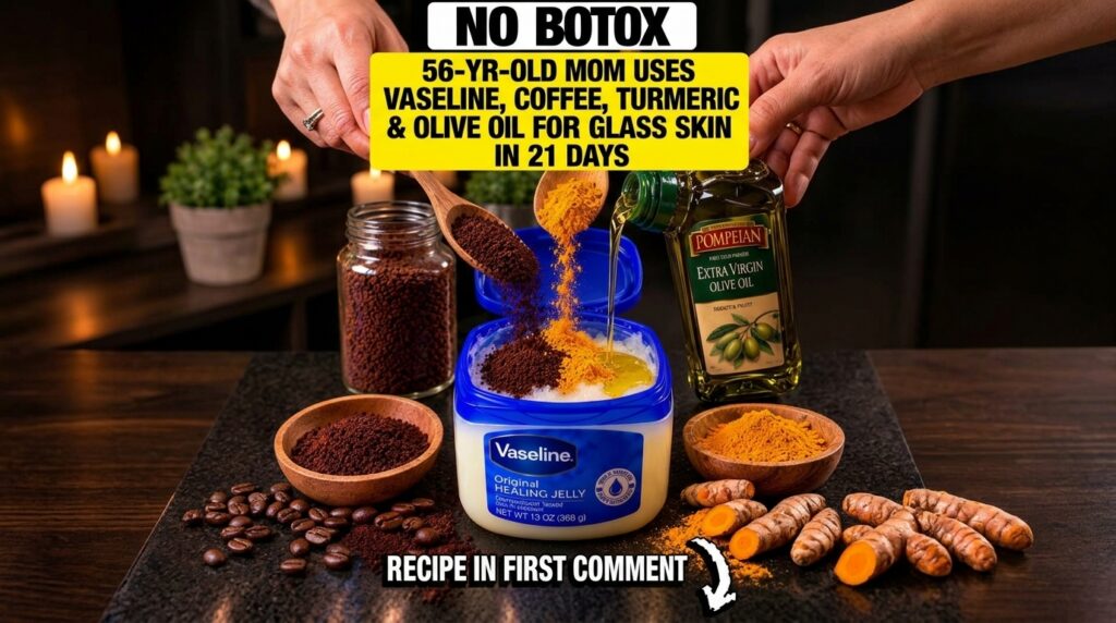 A close-up of ingredients being prepared for a natural skincare recipe showing a tub of Vaseline olive oil being poured 