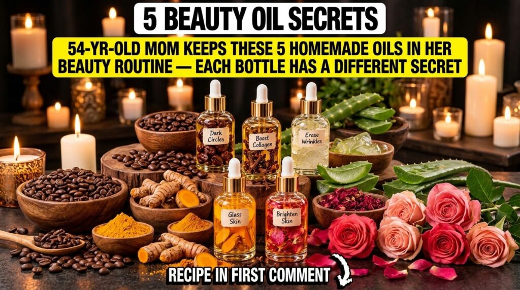 Five glass dropper bottles each filled with baby oil infused with different natural ingredients turmeric rose petals cof
