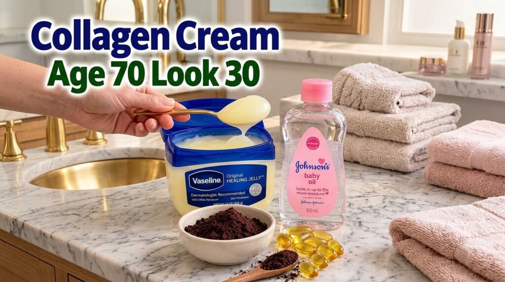 A hand holding a spoonful of Vaseline Healing Jelly over its container a bottle of Johnson s Baby Oil a bowl of dark bro