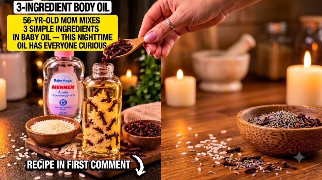 A clear glass bottle with baby oil raw rice and cloves with a hand pouring more cloves in Surrounding items include a bo