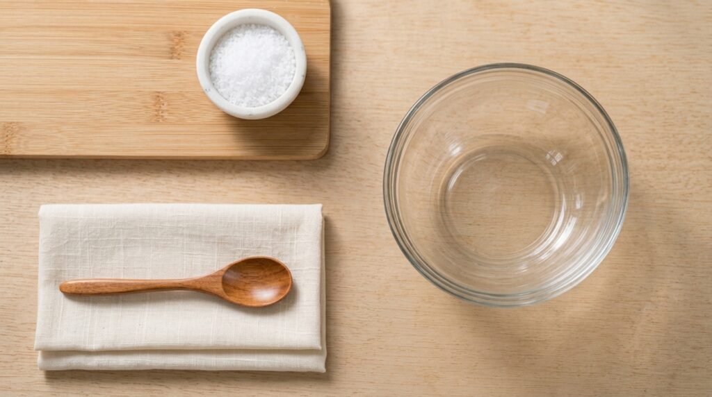 Ingredients for homemade wood polish olive oil white vinegar lemon juice measuring cup and spray bottle on a wooden surf