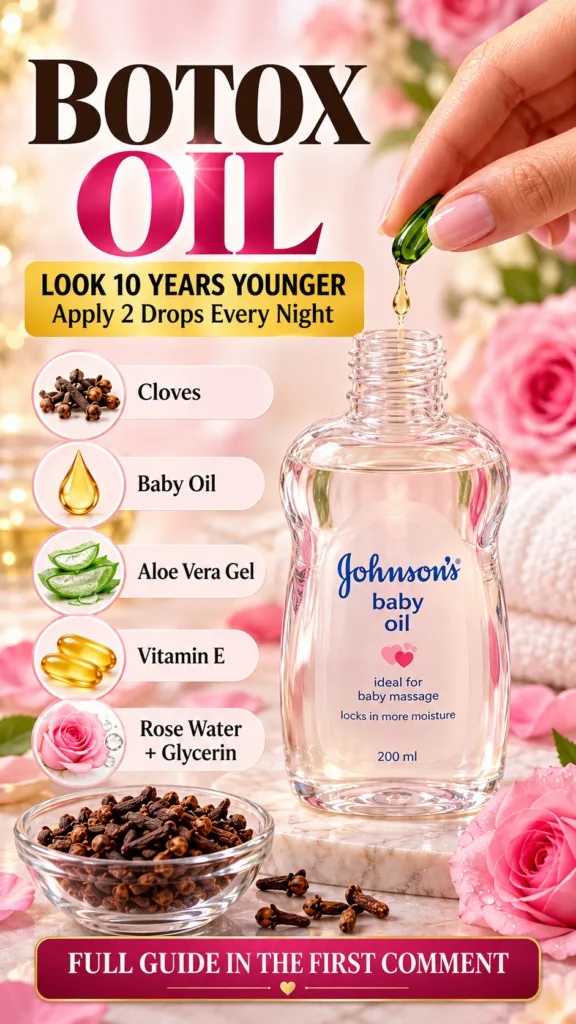 A hand dripping oil from a green capsule into a bottle of Johnson s baby oil surrounded by cloves aloe vera vitamin E an