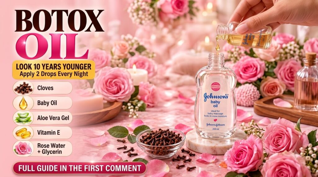 A bottle of Johnson s baby oil on a marble stand surrounded by cloves aloe vera and vitamin E capsules A hand is squeezi