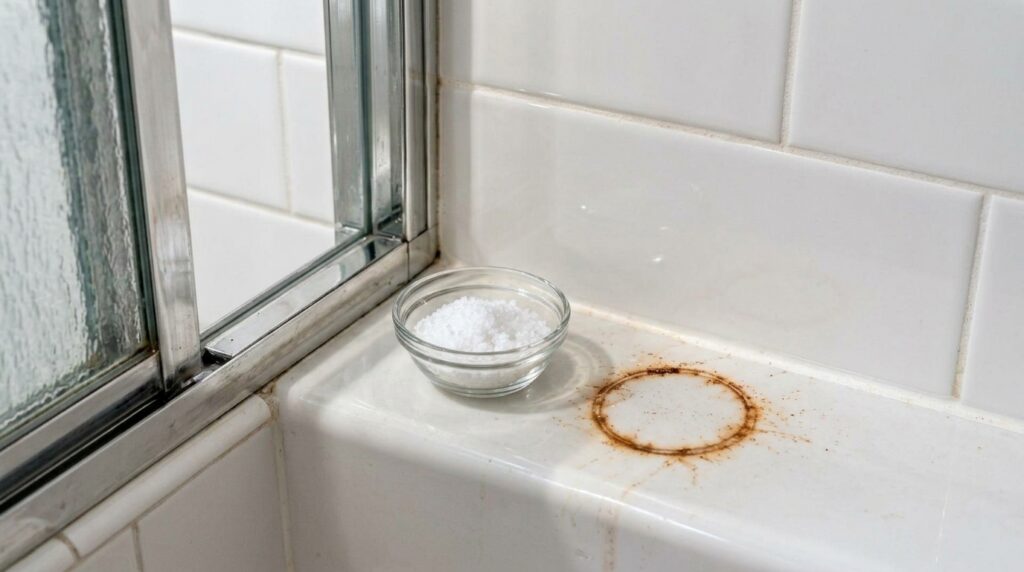 Ingredients for a DIY cleaning paste baking soda liquid dish soap and a mixing bowl with a spoon