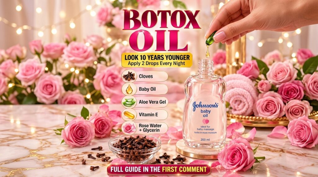 A luxurious beauty setup featuring a bottle of Johnson s Baby Oil a hand dropping Vitamin E oil into it surrounded by pi