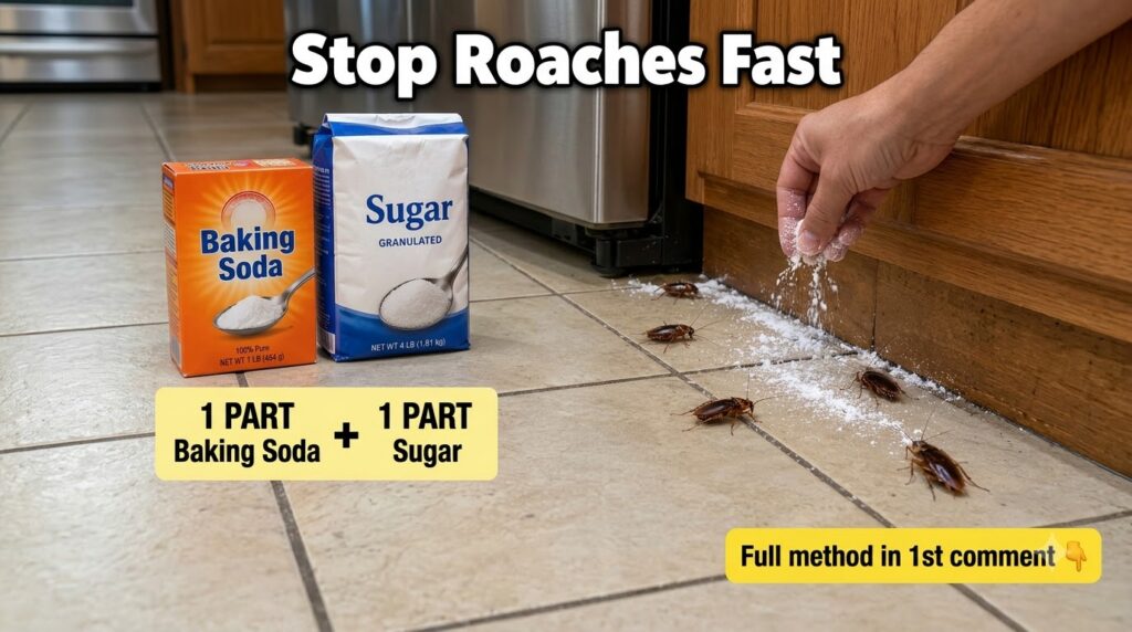 Cockroaches on a tiled kitchen floor with a white powdery substance