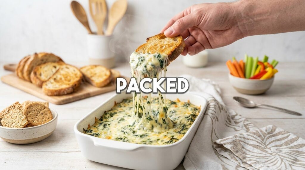 A close-up shot of a hand dipping toasted bread into a hot cheesy spinach artichoke dip with long gooey strings of melte