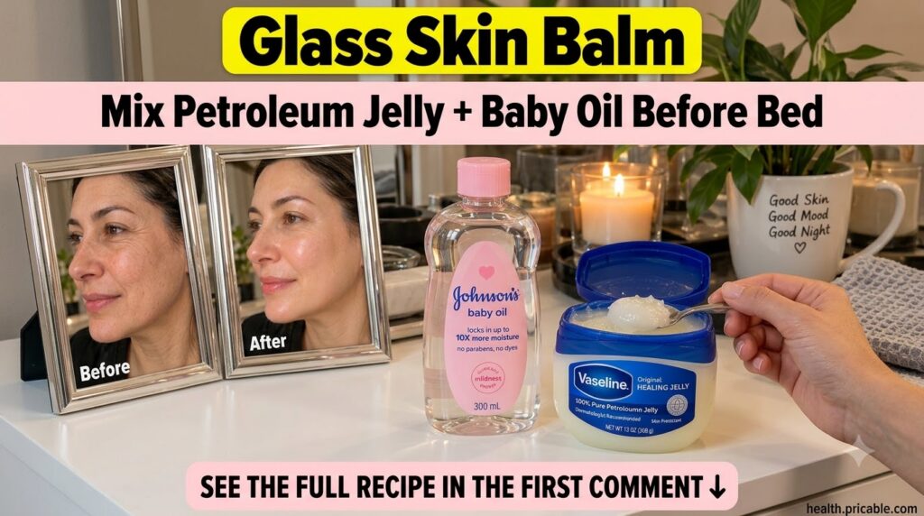 A split-screen image showing a Before face with normal skin and an After face with glowing glass skin Below a hand is sc