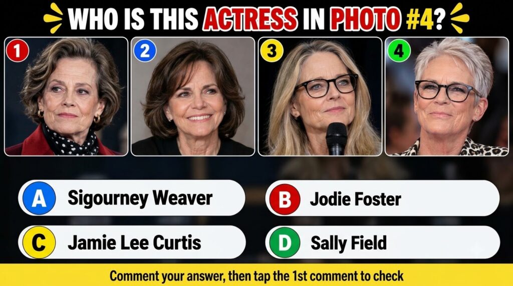A quiz card with four headshots of older actresses and the question WHO IS THIS ACTRESS IN PHOTO 4 highlighted with opti