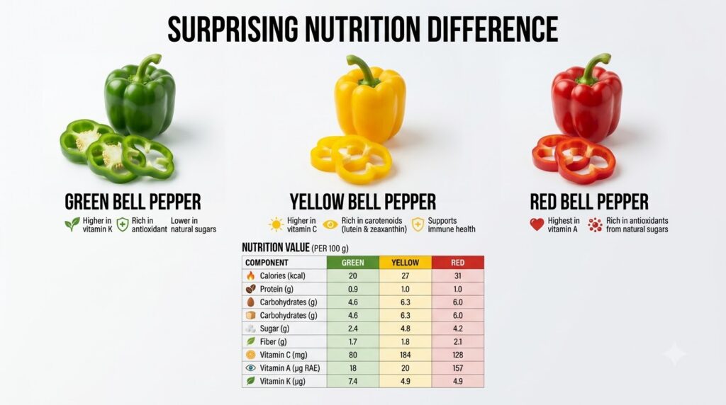 A vibrant display of green yellow and red bell peppers both whole and sliced arranged to show their distinct colors and 