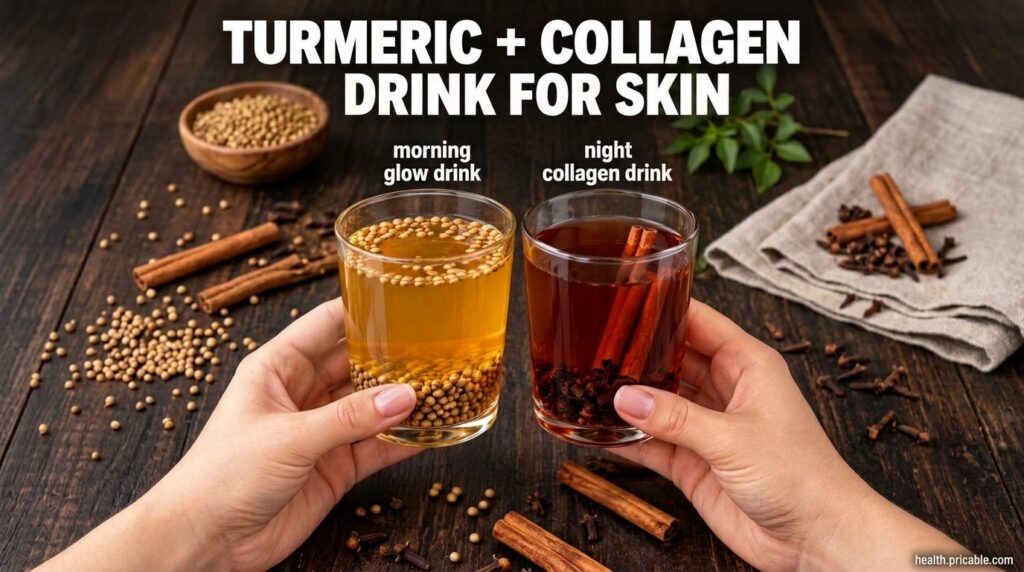 Two glasses one with a light amber drink labeled morning glow drink and another with a dark reddish-brown drink labeled 