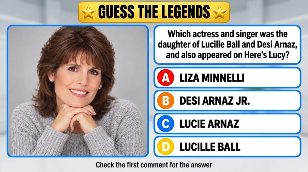 A social media quiz card featuring a smiling Lucie Arnaz with the question Which actress and singer was the daughter of 