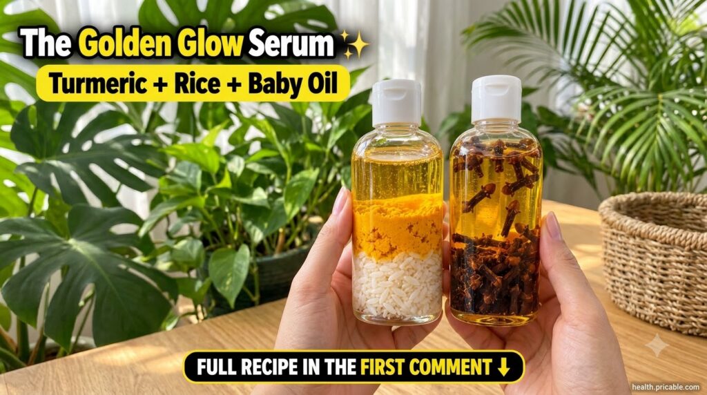 Two hands holding two transparent plastic bottles one with turmeric and rice in oil the other with cloves in oil represe