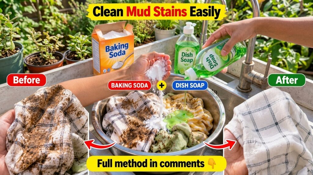 A hand sprinkling coarse salt onto a pile of stained kitchen cloths in a stainless steel bowl