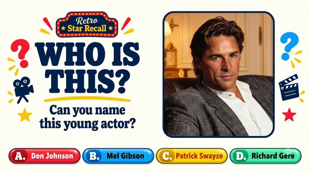 A brightly colored retro-themed quiz graphic titled Retro Star Recall WHO IS THIS Can you name this young actor The cent