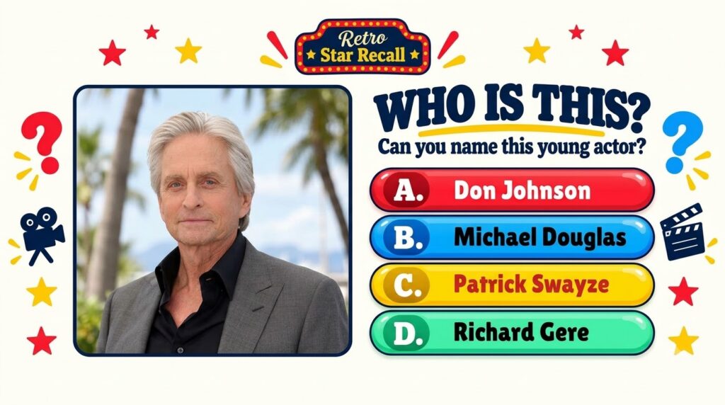 Quiz card featuring a headshot of Michael Douglas with silver hair framed by quiz elements asking WHO IS THIS Can you na