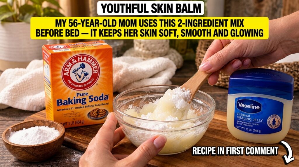 A close-up overhead shot of ingredients and tools for making a skin balm Hands are mixing Vaseline-like jelly and white 
