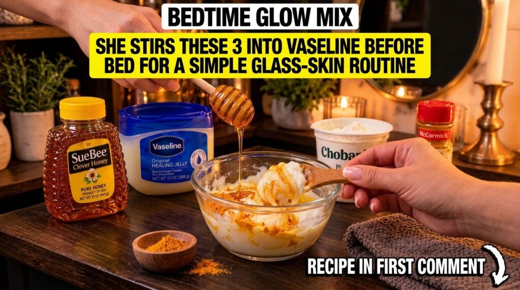 A close-up overhead view of ingredients being combined to create a skincare mixture A hand holds a wooden honey dipper f