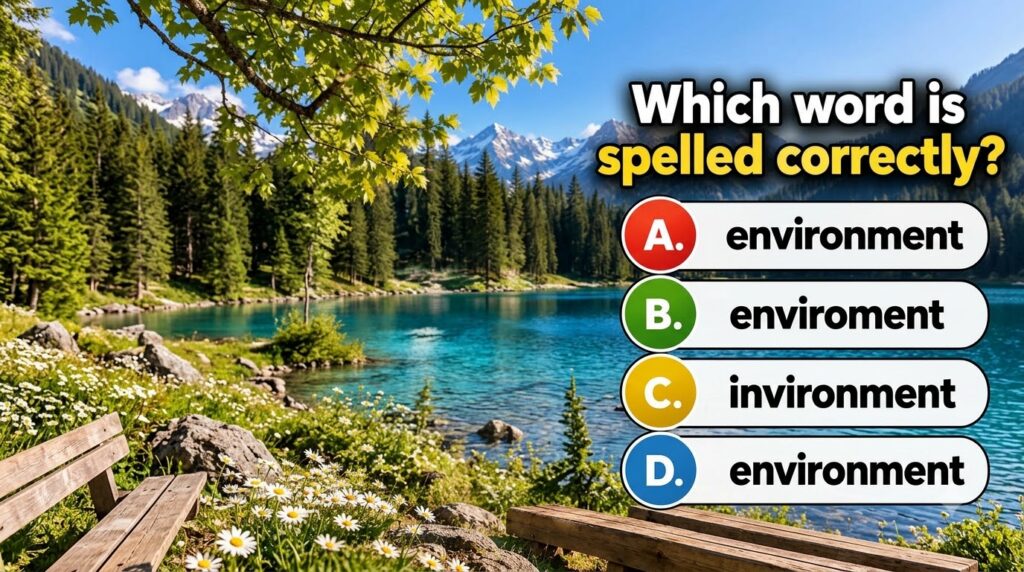 A quiz image with a question about spelling environment over a beautiful natural landscape with mountains a lake and pin