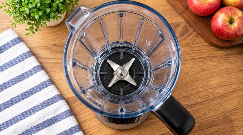 A clean empty blender jar with sharp blades ready for ingredients on a wooden surface with subtle background elements li