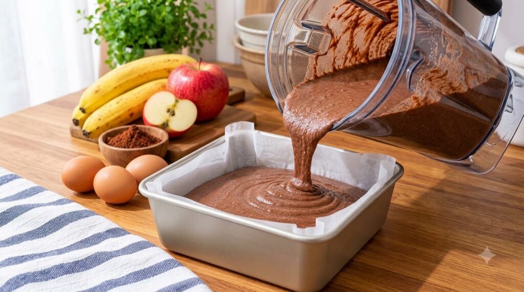 A blender pouring rich chocolate batter into a parchment-lined baking pan surrounded by fresh ingredients like bananas a