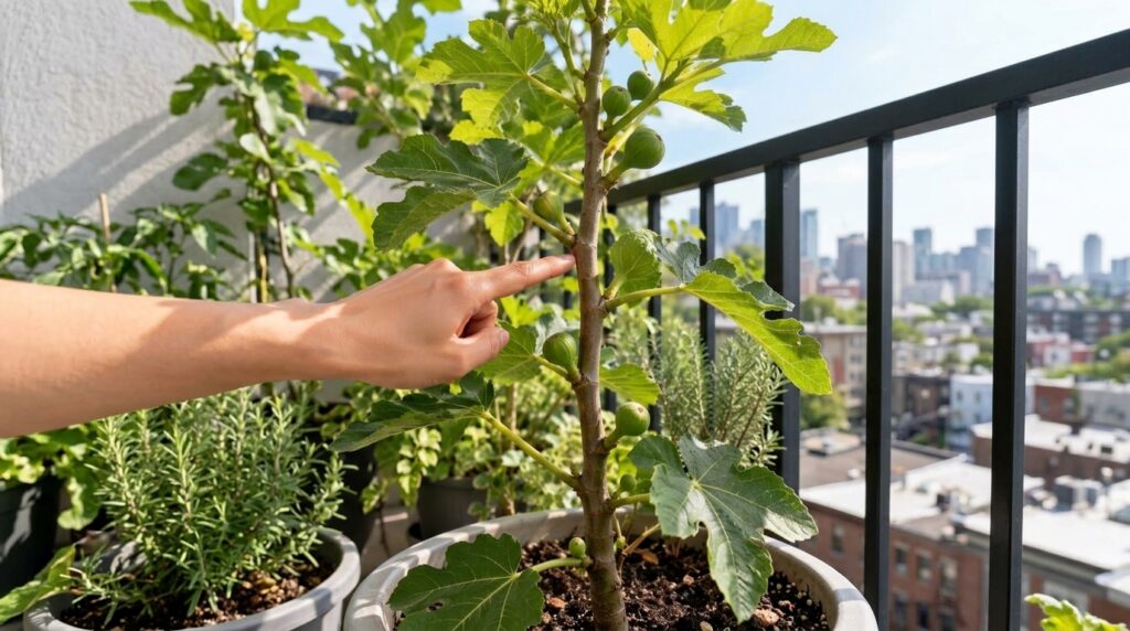 A close-up of green unripe figs growing on a fig tree on a balcony with a hand pointing to one