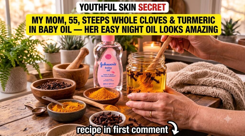 A woman s hands holding a glass jar containing baby oil whole cloves and turmeric powder with ingredients laid out on a 
