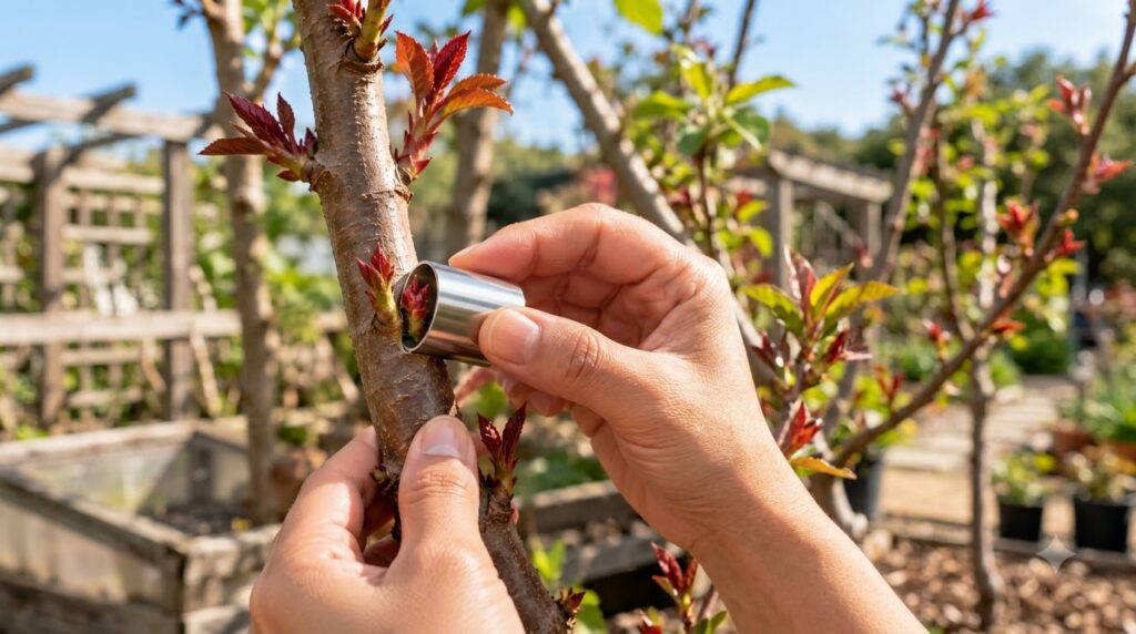 Close-up of hands performing bud grafting on a tree branch with young red leaves and buds using a small metal tool