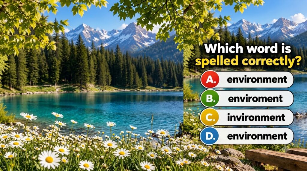 A spelling quiz asking Which word is spelled correctly with options for environment superimposed on a vibrant natural la