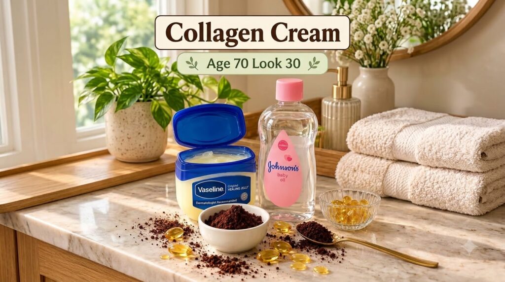 A collection of natural skincare ingredients on a marble counter including an open tub of petroleum jelly baby oil a bow