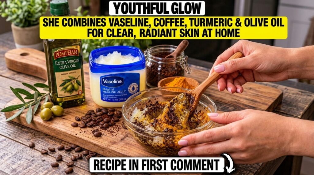 Hands mixing Vaseline coffee turmeric and olive oil in a glass bowl on a wooden surface
