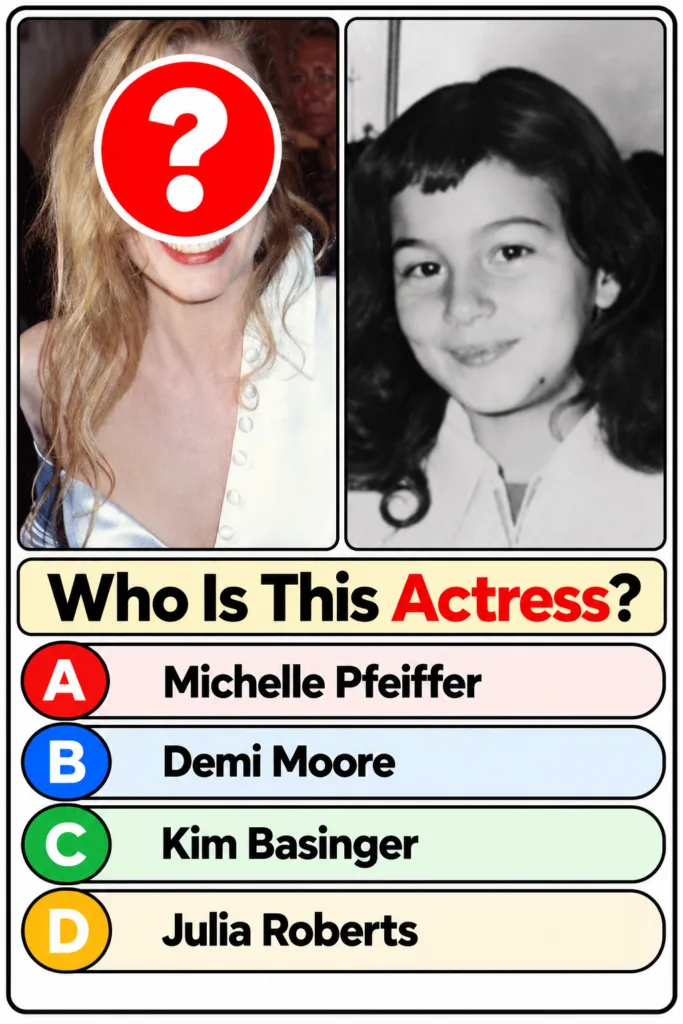 A black and white childhood photo of a young Jennifer Aniston with dark hair and bangs smiling presented as part of a ce