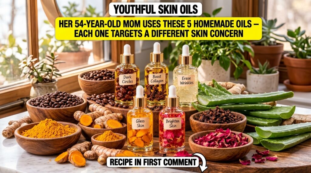 Five homemade infused oil dropper bottles with labels like Dark Circles Boost Collagen Erase Wrinkles Glass Skin Brighte