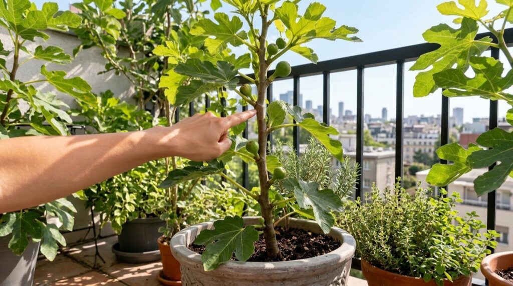 A human hand gently points to a small green fig on a young fig tree growing in a pot on a sunny urban balcony Other pott
